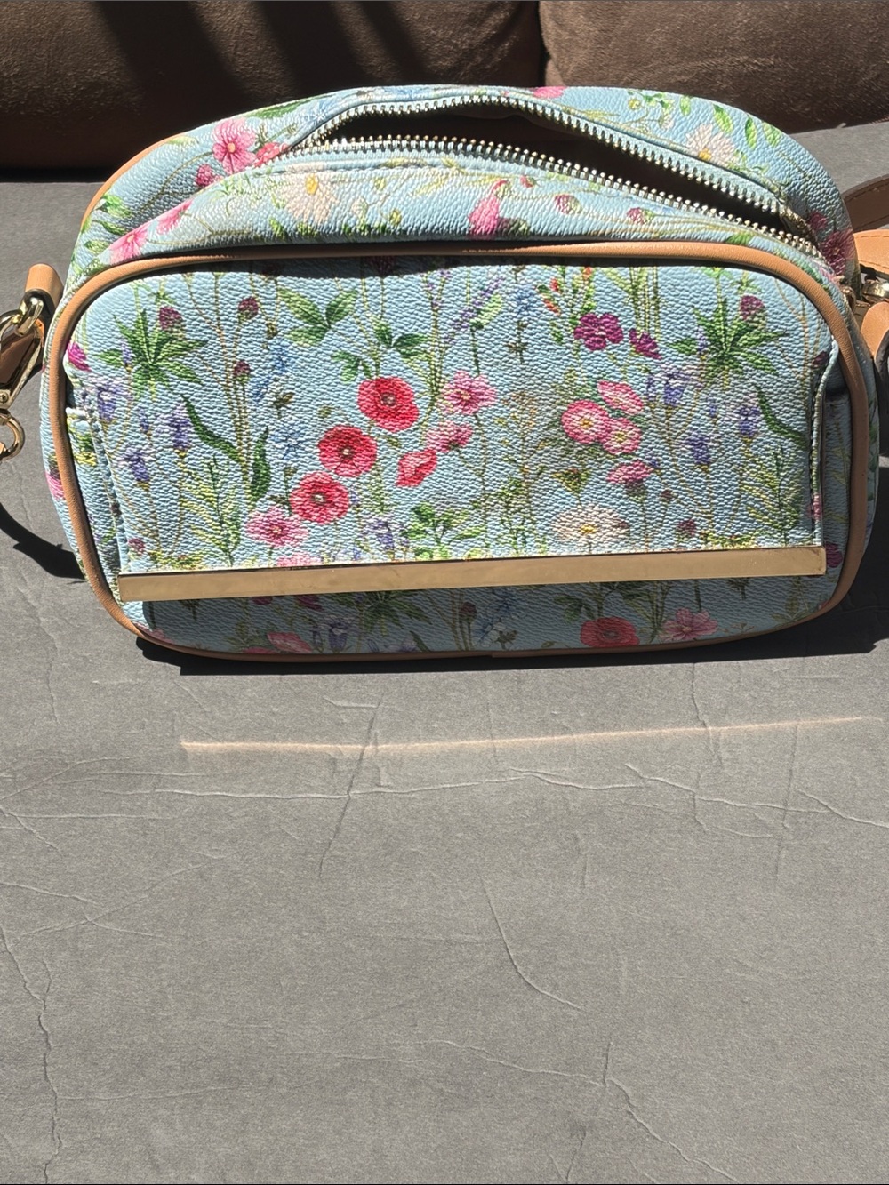 IMAN Floral Print Crossbody Bag in Light Blue coated leather camera bag